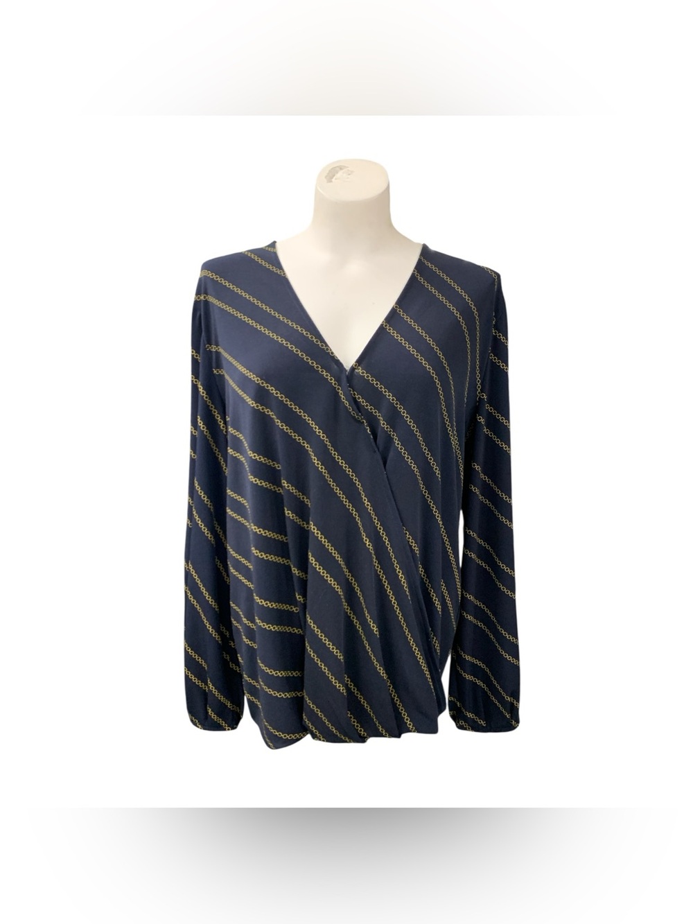Banana Republic Navy and Gold Chain-Stripe V-Neck Long Sleeve Top Size L